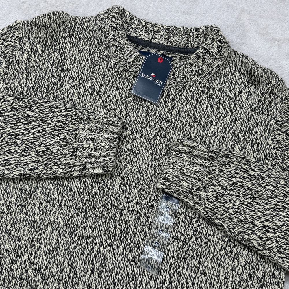 St. John's Bay Sweater Men XL Black Ivory Marl Wool Blend Chunky Knit Pullover